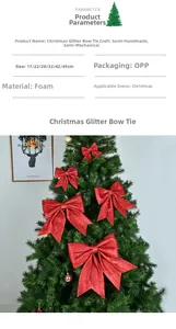 Detail view of red glitter Christmas bow on tree with size chart from 17cm to 45cm