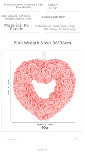 Detail view of pink heart rose wreath for Valentine wedding decor made of PS plastic