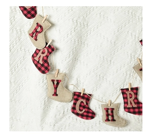 Detailed view of Christmas mini stockings banner with burlap texture and wooden clips