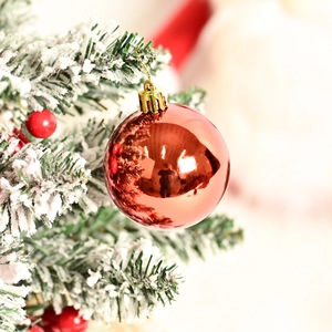 Red electroplated Christmas ball ornament hanging on a snowy pine tree branch