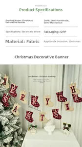 Detail of 2.9m Merry Christmas burlap banner with 14 red black plaid mini socks flags