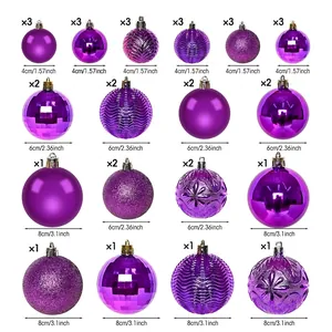 Size chart for purple Christmas ball ornaments showing 4cm, 6cm, and 8cm varied textures