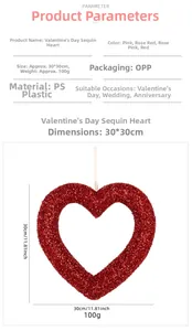 Detail view of 30x30cm red sequin heart ornament made of PS plastic for Valentine's Day