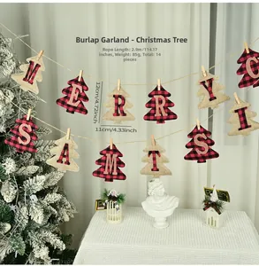 Close-up of Merry Christmas burlap banner with 2.9m rope and 14 festive tree pendants