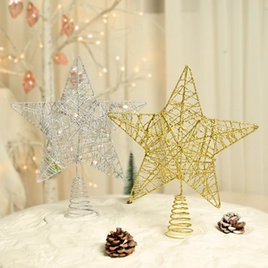 Glitter Iron Christmas Tree Topper Star Hollow Metal Five Pointed Star Ornament With Spiral Base For Holiday Party Decor