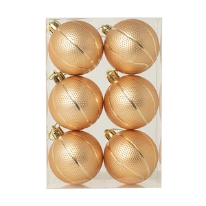 Détail de 6 boules de Noël basket-ball dorées dans leur boîte d'emballage transparente