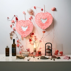 Pink rose heart-shaped wreaths for Valentine's Day wall decor with candles and wine