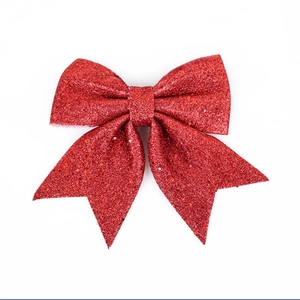 Red glitter Christmas bow ornament with shiny sequins for festive tree decoration