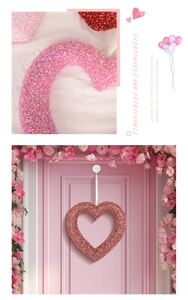 Macro detail of sparkly pink heart wreath with glitter texture for Valentine's door decor