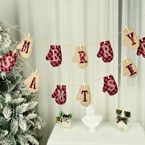 Rustic Christmas Burlap Banner Buffalo Plaid Merry Christmas Hanging Flags Linen Cotton Holiday Party Wall Decoration Banner