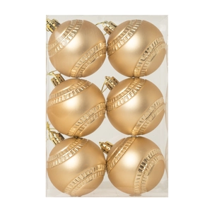 Lot de 6 boules de Noël dorées mates avec texture striée et cordons de suspension