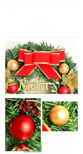 Detail view of 30cm Christmas wreath with red bow, golden balls and Merry sign