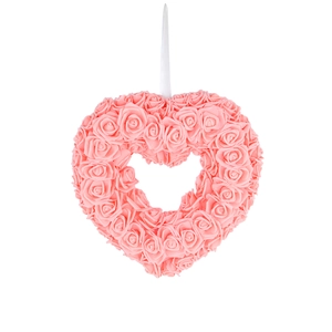 Pink PE rose heart wreath for Valentine's Day decor with white silk hanging ribbon