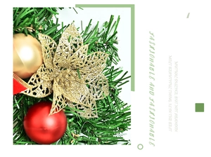 Macro detail of Christmas wreath with golden flower, pine needles, and shiny ornaments