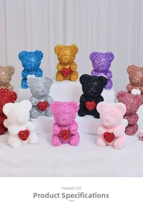 Macro view of multi-color glitter rose bears with red hearts for Valentine's Day gifts