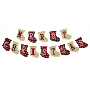 Burlap Christmas banner with red and black plaid socks spelling Merry Christmas