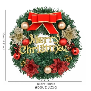 30cm Christmas wreath with red bow, gold ornaments, and Merry Christmas sign on white background