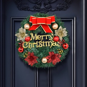 30cm Christmas wreath with red bow, golden balls and Merry Christmas sign on door