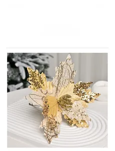 Macro detail of champagne gold velvet Christmas flower with sequins and gold embroidery