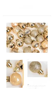 Macro shot of 3cm champagne gold Christmas ornaments with glitter and matte textures