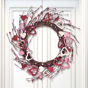 Heart Shaped Valentine's Day Door Wreath With Wood Hearts And Berries For Wedding Proposal Romantic Home Party Hanging Decor