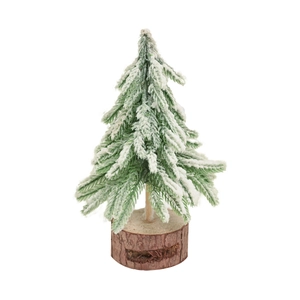 Mini frosted Christmas tree with snow-flocked needles and a rustic wooden base