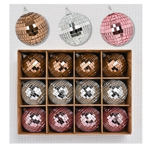 Detailed set of 12 mixed color glass disco ball ornaments in a brown partitioned storage box