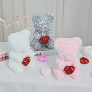 Three sparkling 20cm foam rose bears with red hearts in white, pink and silver glitter