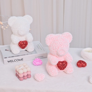 Handmade 20cm foam rose bears in pink and white holding red glitter hearts for Valentines