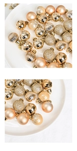 Detailed view of champagne gold Christmas balls with matte, glitter, and ribbed textures