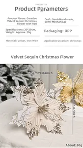 Close-up of 20cm sequin velvet Christmas flower with detailed size measurements