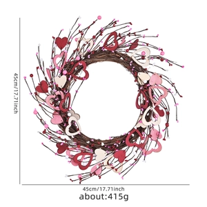 Romantic heart-shaped twig wreath with red pink berries for Valentine's Day decor 45cm