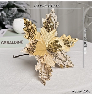 Detail of 20cm champagne gold sequin poinsettia flower for Christmas tree decor