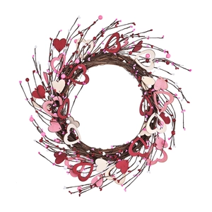 Romantic heart-shaped floral wreath with red berries and wooden hearts for Valentine decoration