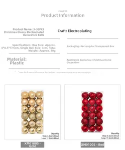 Detail view of 36pcs Christmas ball set with sizes and weights shown in a clear box