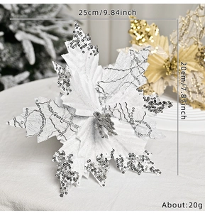 Detail of 20cm white velvet Christmas flower with silver sequins and glitter petal edges