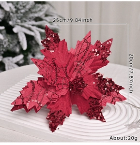 Close-up of a 20cm dark red sequined velvet Christmas flower showing dimensions and size