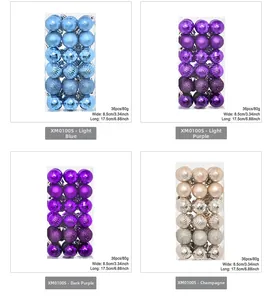 Set of 36 assorted Christmas balls in blue, purple, and champagne with mixed textures