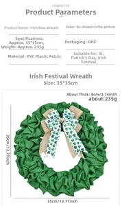 Detailed spec view of a 35cm St. Patrick's Day clover wreath with dimensions and bow details