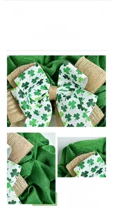 Detail of St. Patrick's Day clover wreath featuring green burlap and bow with shamrock print