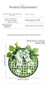 Detailed view of Saint Patrick's Day clover wreath with dimensions and gnome bow decor