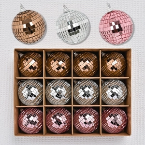 Set of 12 colorful disco ball ornaments in gold, silver, and pink with glass mirror tiles
