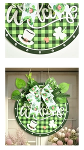 Detail of St. Patrick's Day welcome wreath with green clover bow on a wooden door