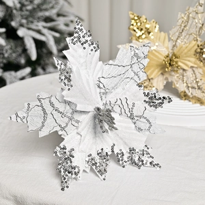 20cm white sequin poinsettia flower for Christmas tree and wreath decoration