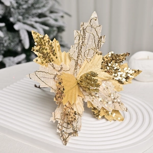Golden 20cm sequin velvet Christmas flower for tree and wreath decoration