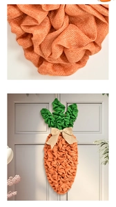 Detail of burlap carrot Easter wreath with orange mesh texture and beige bow on door