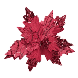 20cm Red velvet Poinsettia flower with glitter sequins for Christmas tree decoration