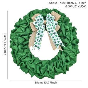 Saint Patrick's Day green burlap wreath with clover bow, 35cm diameter size measurement