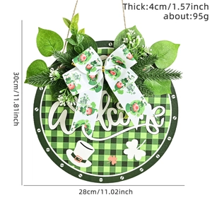 Round St. Patrick's Day welcome sign with green plaid pattern and shamrock wreath