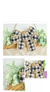 Detail of Easter wooden door wreath with eucalyptus leaves and plaid burlap bow